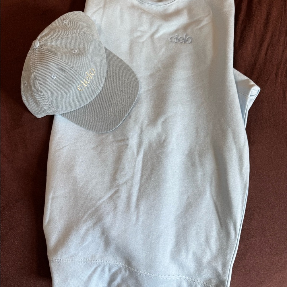 "Cielo" Inspirational Ice Blue Sweatshirt & Cap Set NWOT